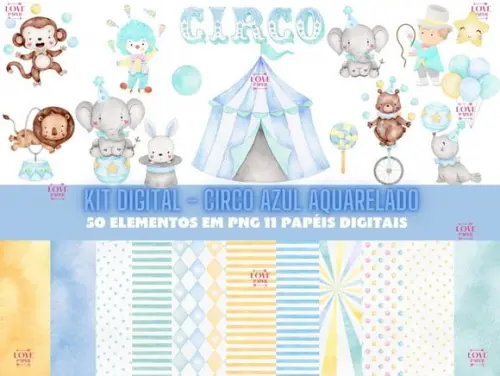 Kit Digital - Circo Azul Aquarelado