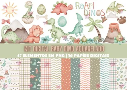 Kit Digital Baby Dino Aquarelado