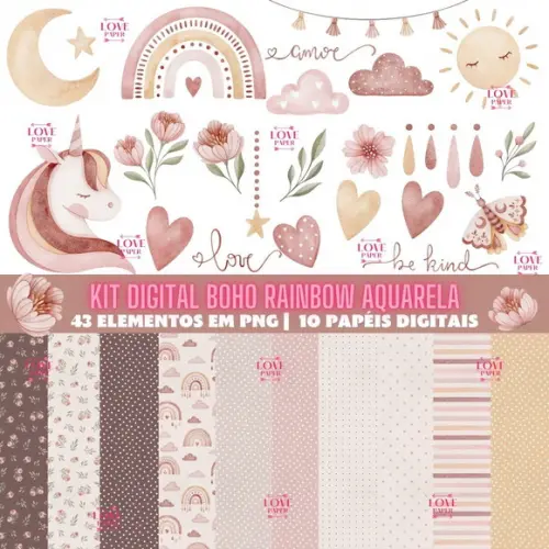 Kit Digital Boho Rainbow Aquarela