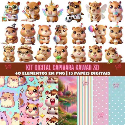 Kit Digital Capivara Kawaii 3d