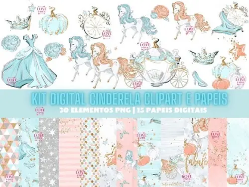 Kit Digital Cinderela Clipart e Papéis