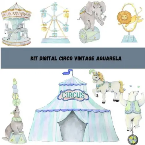 Kit Digital Circo Vintage Aquarela Rosa e Azul