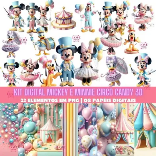 Kit Digital Mickey e Minnie Circo Candy 3d