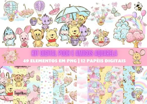 Kit Digital Pooh e Amigos Aquarela