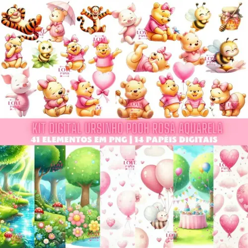 Kit Digital Ursinho Pooh Rosa Aquarela