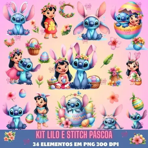 Kit Lilo e Stitch Páscoa - 34 Elementos 300 Dpi