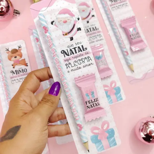 10 Cartões com Lápis e Bala Natal Rosa