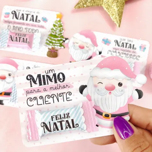 30 Cartões com Bala Personalizada Natal Rosa