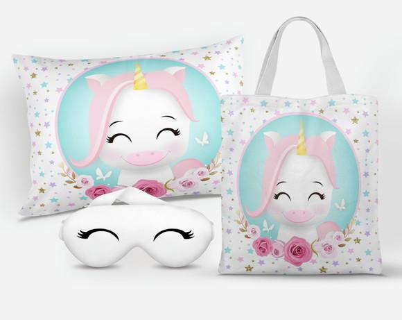 Kit Almofada + Ecobag + Mascara de Dormir Unicornio