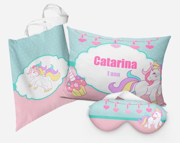 Kit Sacola + Tapa olhos + Almofada 20x28cm Unicornio
