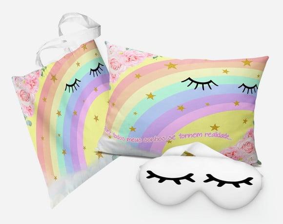 Kit Sacola + Tapa olhos + Almofada 20x28cm Unicornio