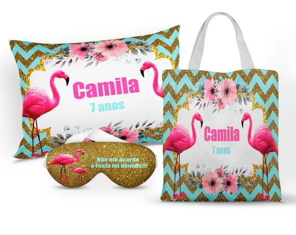 Kit Almofada + Mascara de dormir + Sacola Flamingos
