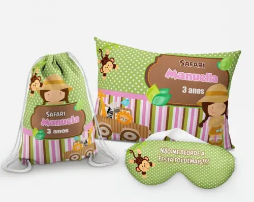 Almofada + Mochila + Mascara de dormir tema Safari meninas