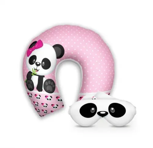 Kit Almofada Pescoço + Mascara de Dormir Panda Rosa
