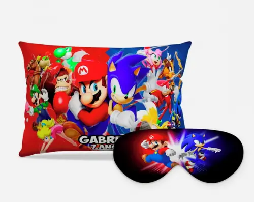 Kit Almofada + mascara de dormir Sonic x Super Mario
