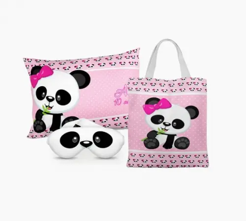 Kit Almofada + Mascara + Ecobag Panda Rosa
