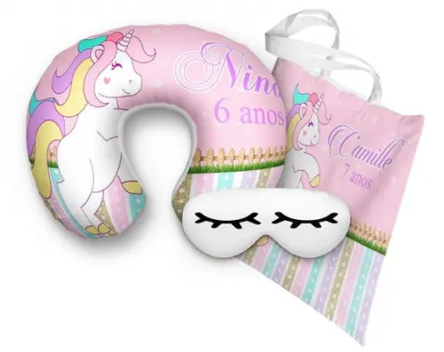 Kit Almofada Pescoço Unicornio Sacola e Mascara