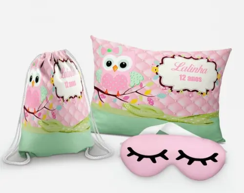 Kit Almofada + Mascara + Mochilinha Corujinha rosa/verde