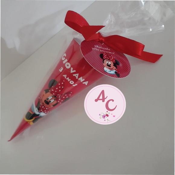 25 Cones de Papel Minnie Vermelha Saquinho + Tag