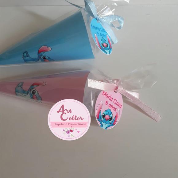 25 Cones de Papel Stitch Saquinho + Tag