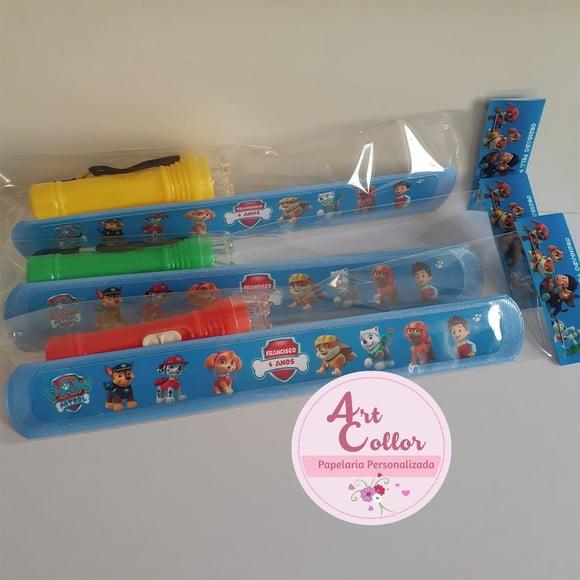 25 Kits Pulseira Bate Enrola + Mini Lanterna Patrulha Canina