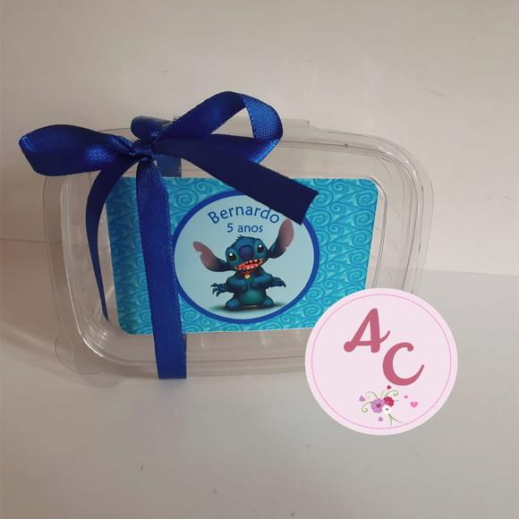 20 Marmitinhas Plástico Personalizada Stitch + Fita