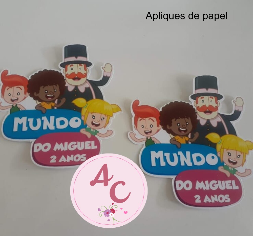 30 Apliques para Tubete 13 cm com nome mundo bita