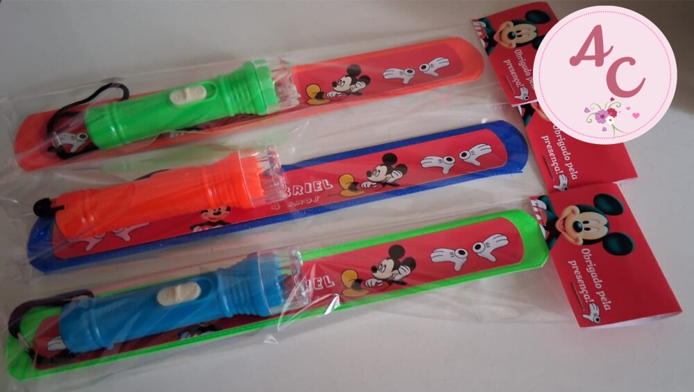 25 Kits Pulseira Bate Enrola + Mini Lanterna Mickey