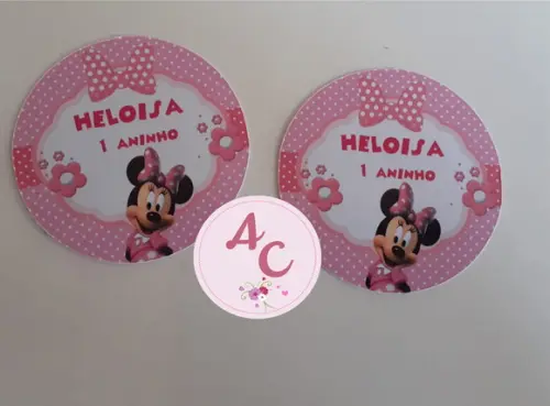 50 Adesivos redondo Minnie Rosa