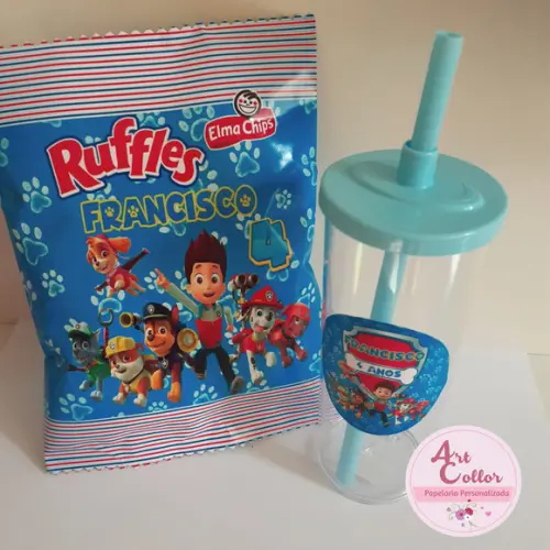 15 kits Batata Ruffles Personalizada + Copo Patrulha Canina