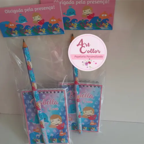 20 Bloquinhos Baleia e Sereia + Lápis Personalizado