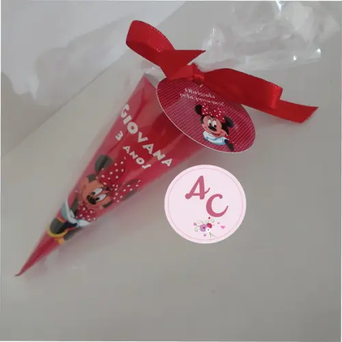 25 Cones de Papel Minnie Vermelha Saquinho + Tag