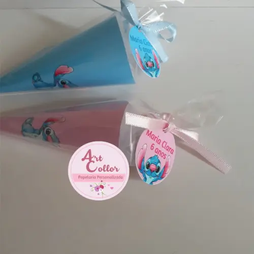 25 Cones de Papel Stitch Saquinho + Tag