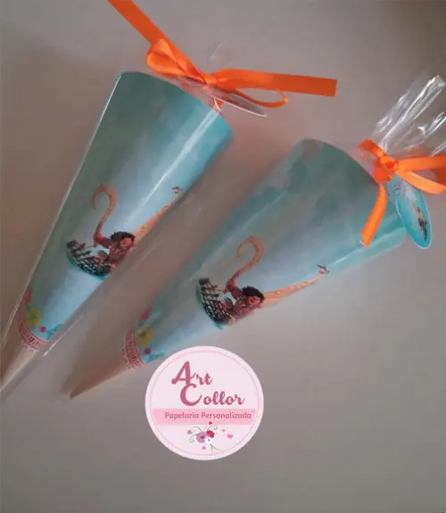25 Cones de Papel Personalizado Moana Saquinho + Tag