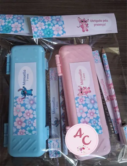 15 Kits Estojo Escolar Stitch e Angel