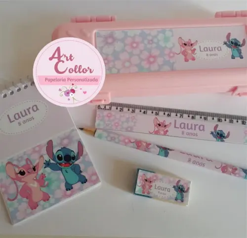 15 Kits Estojo Escolar Stitch e Angel