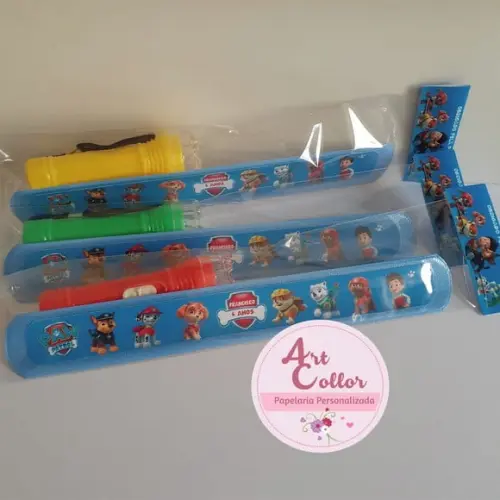 25 Kits Pulseira Bate Enrola + Mini Lanterna Patrulha Canina