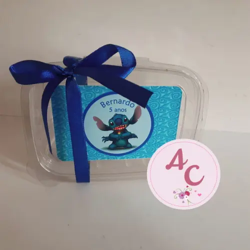 20 Marmitinhas Plástico Personalizada Stitch + Fita
