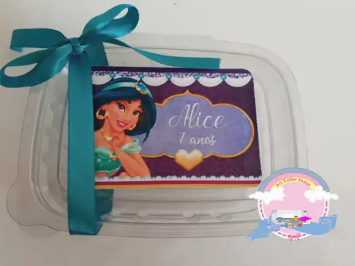 20 Marmitinhas Plástico Personalizada Jasmine + Fita