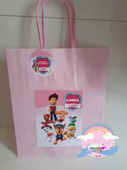 20 Sacolas de Papel Patrulha Canina Rosa + Tag