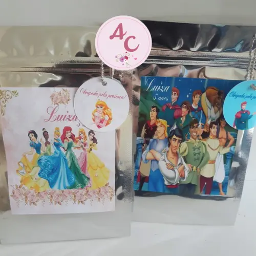 15 Saquinhos Zip Lock com Tag e correntinha Princesas Disney