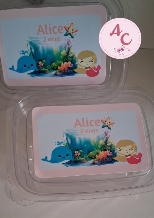 20 Marmitinhas Plástico Personalizada Baleia e Sereia