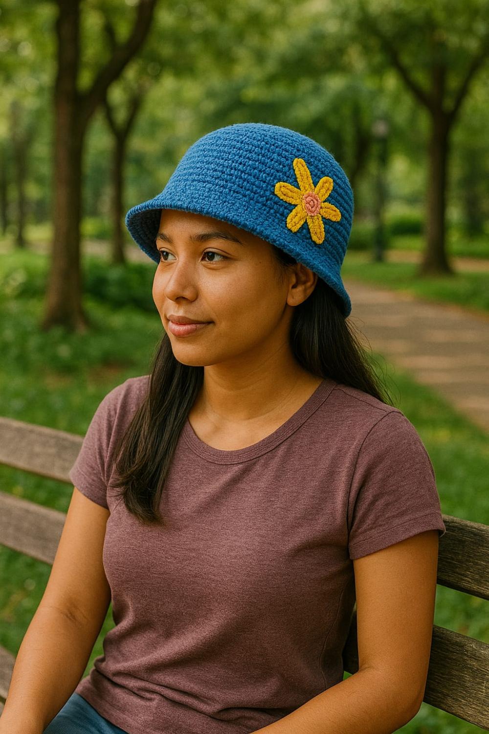 Chapéu tipo bucket hat, azul, feito em crochê, com fio de barba