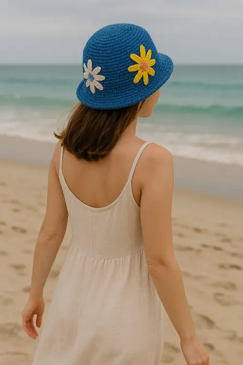 Chapéu tipo bucket hat, azul, feito em crochê, com fio de barba