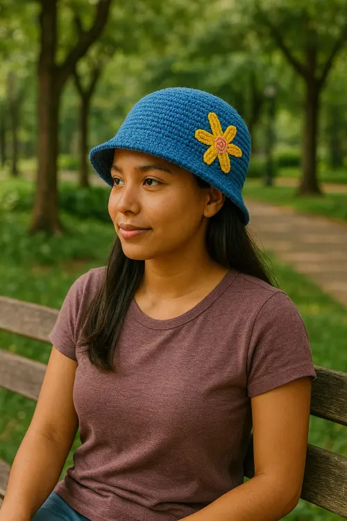 Chapéu tipo bucket hat, azul, feito em crochê, com fio de barba