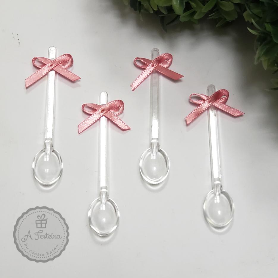 Kit com 50 Mini Colheres com Lacinho Rosa - PRONTA ENTREGA