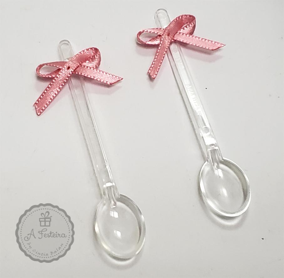 Kit com 50 Mini Colheres com Lacinho Rosa - PRONTA ENTREGA