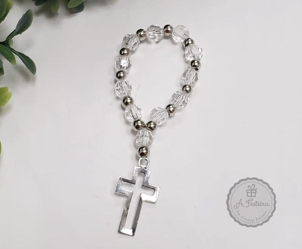 Mini Terço Cristal com Crucifixo Prateado