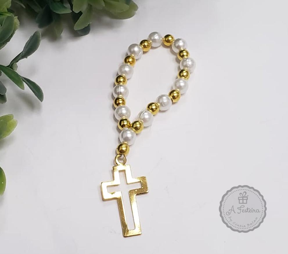 Mini Terço de Pérola Cruz Dourada