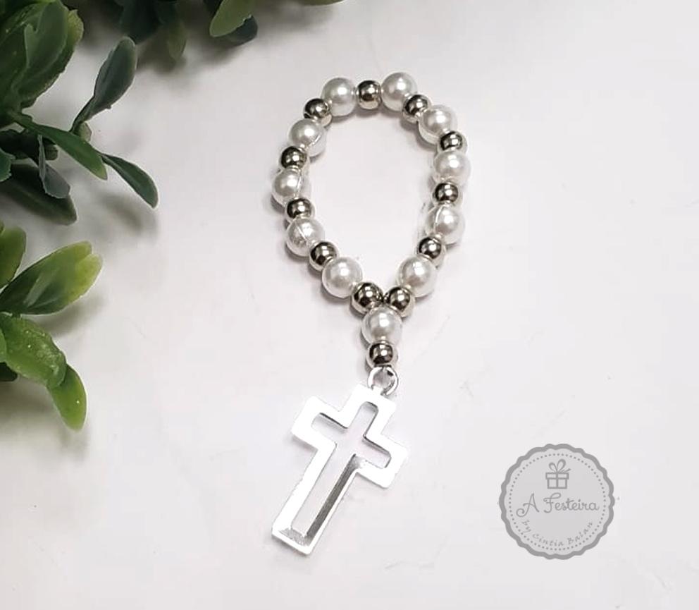 Mini Terço Pérola Cruz Prateada